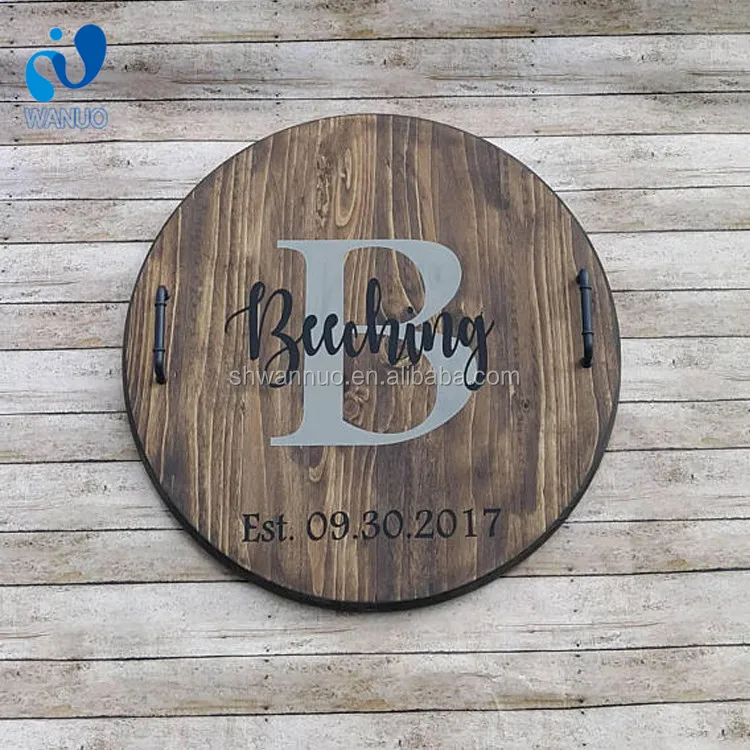 WanuoCraft Custom Round Wooden Serving Tray With Black Handles