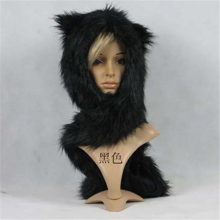 Fur Hood Hat with Ears Handmade Sewed faux plush scarf hat
