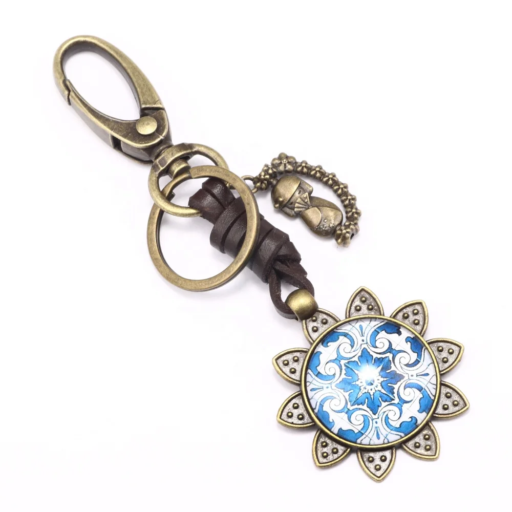 Glass sunflower charm keychains & keyrings for women men,leather cord car keyholder for promotional gift