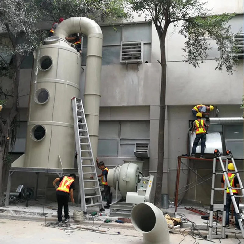 waste gas treatment Spray tower+activated carbon air filter+frp fan=Packed bed scrubber for industrial absorption column system