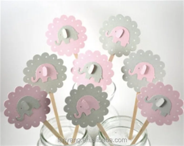 Customized Round Pink Elephant Girl Cupcake Picks Baby Shower Birthday Party Cake Decor Toppers