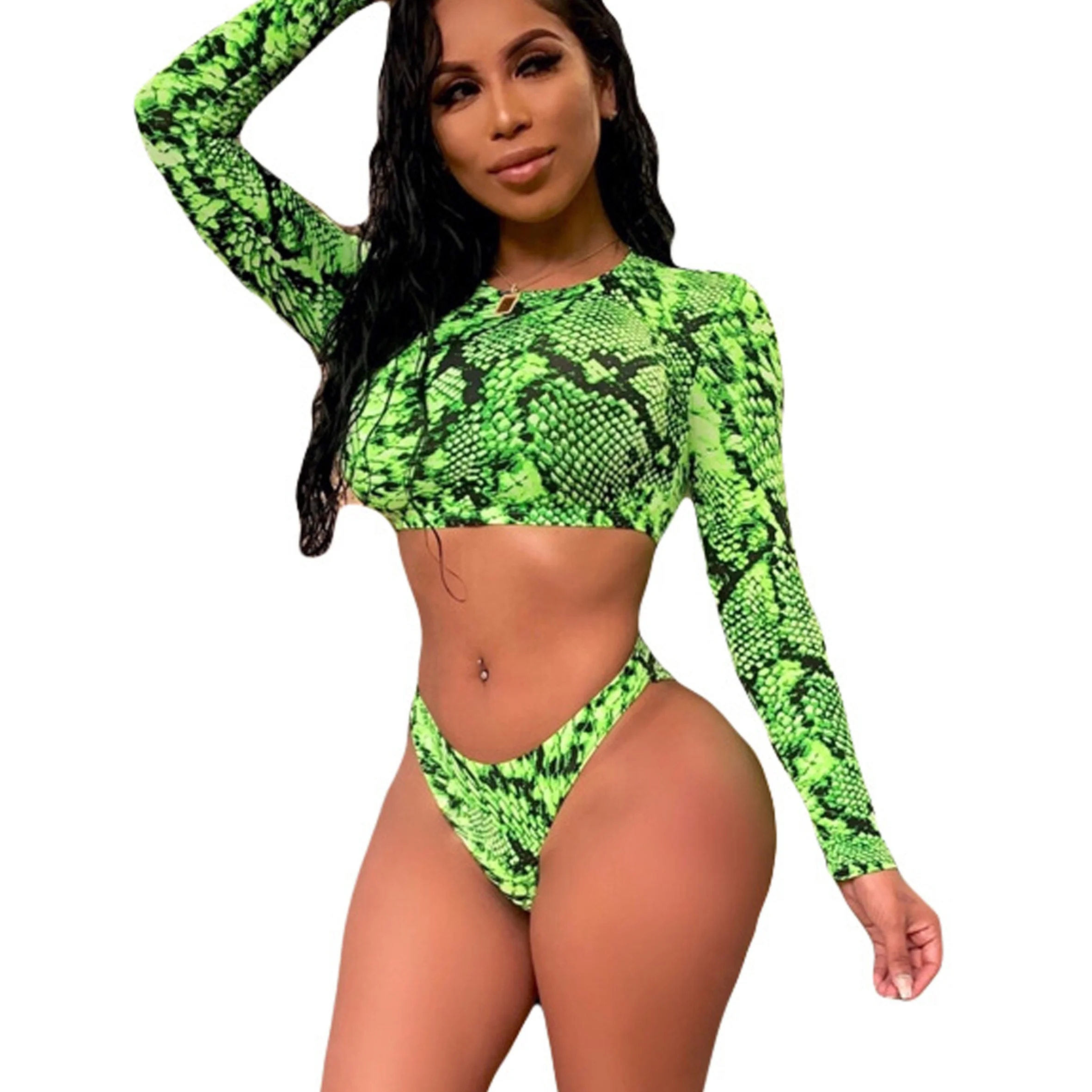 OEM популярный купальник с длинным рукавом и змеиным принтом неоново-Зеленый бикини