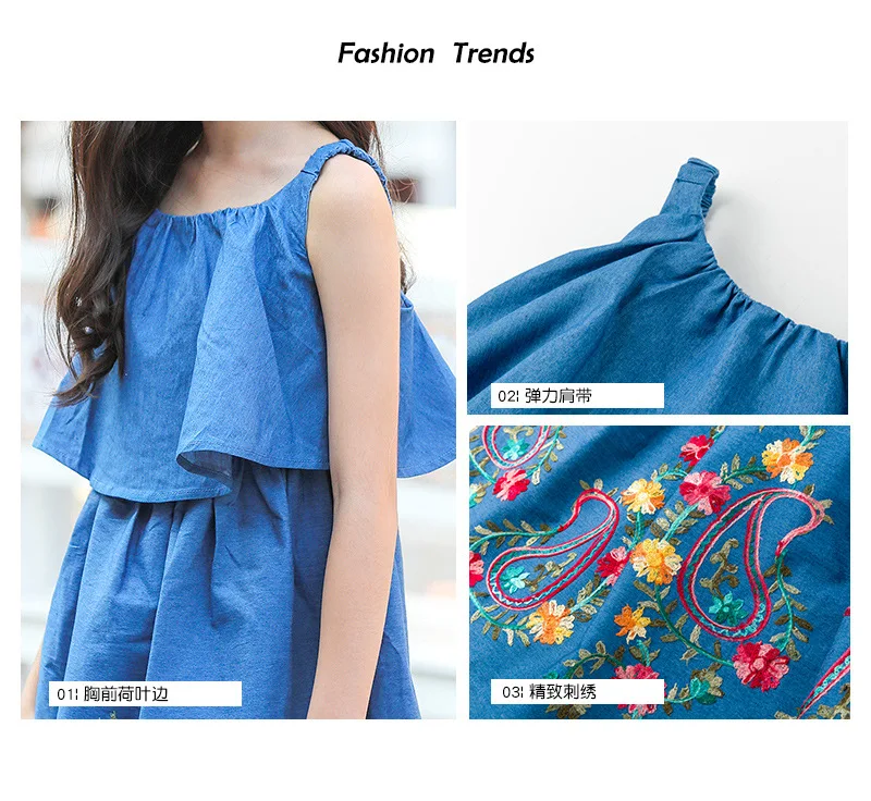 Vintage Teen Girls Summer Casual Dress Blue cowboy embroidery kids girl dress