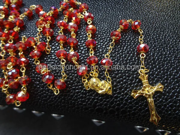 High Quality Red AB Glass Bead Rosary Necklace with Gold Cross Unisex Wedding Party Engagement Gift Featuring Diamond Main Stone
