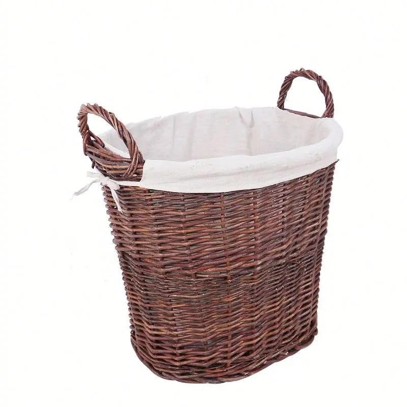 Wooden Garden Small Round Wicker Log Basket With Lining