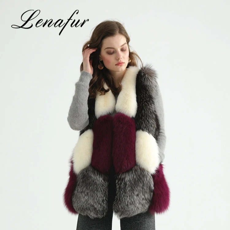 Большие 5 размеров серый вино бежевый цветовой гаммы молодая леди мода длинный Лисий мех без рукавов жилет, жилет из меха лисы