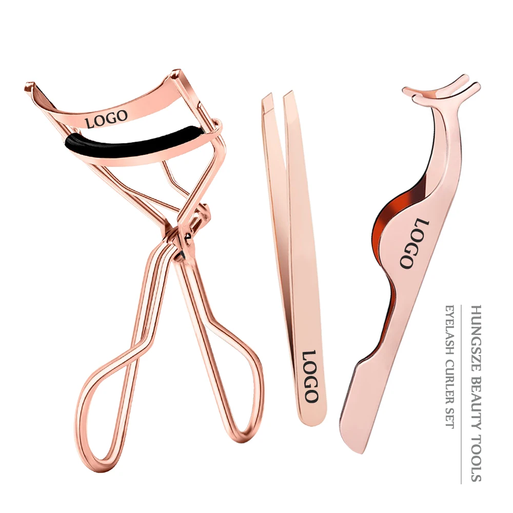 
3-pieces Stainless Steel Eyelash Curler Rose Gold Eyelash Applicator Eyebrow Tweezers Set 