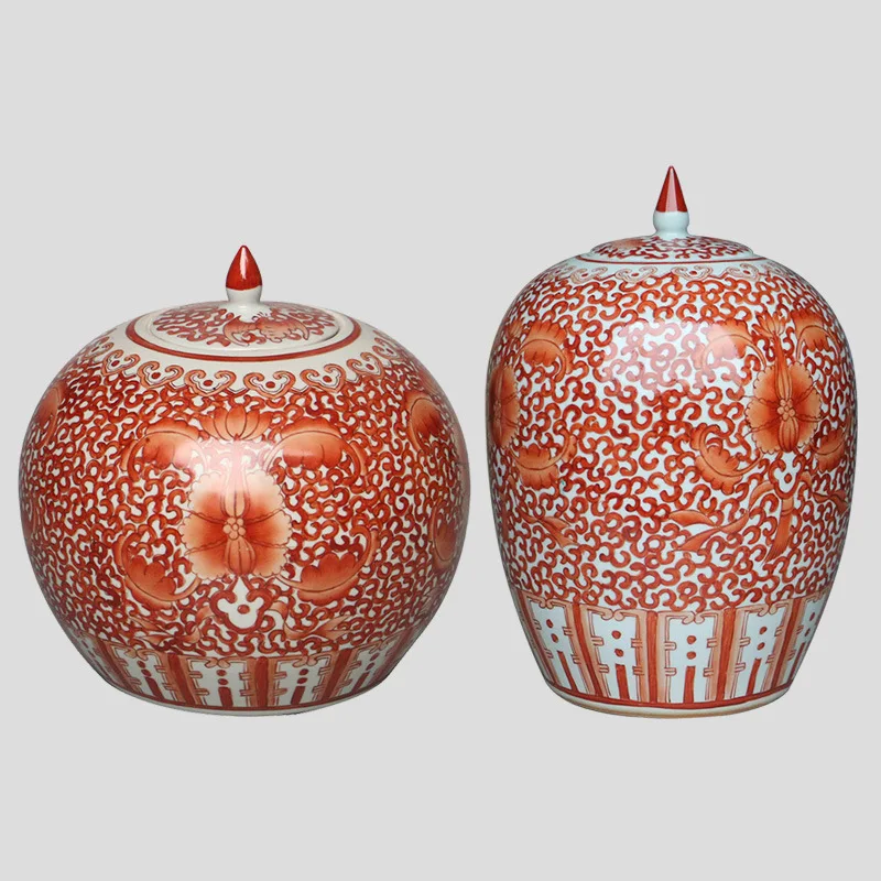 Chinese porcelain home decorative flower vase ceramic jar with red and white painting food can