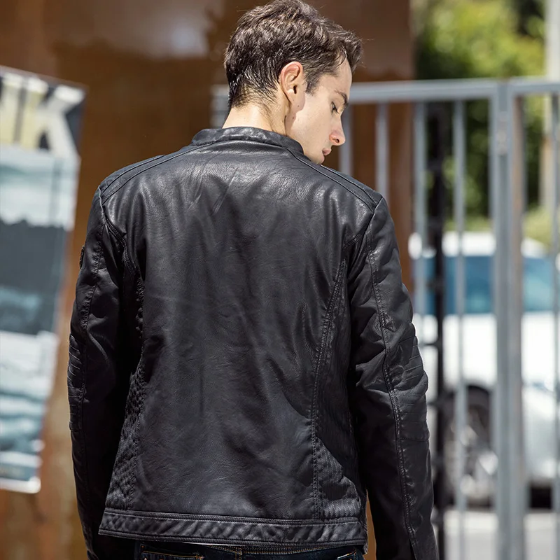 Men Slim Fit Black PU Leather Windbreaker Motorcycle Full Zip Up Track Jacket