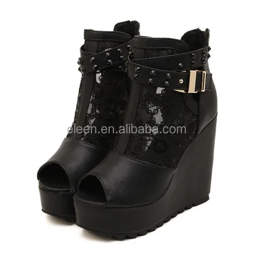 
2015 high heel wedge sandals black peep toe 