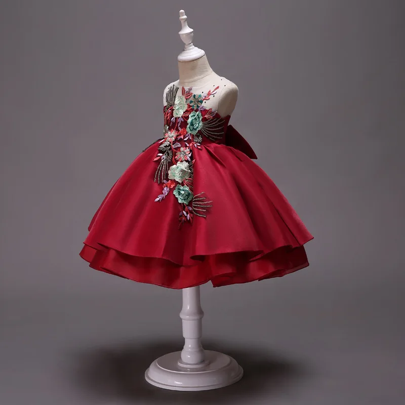 
KLS008 Embroidered 3D Flowers Girls Party Dresses Princess Wedding Sleeveless Knee Length Red Satin latest Girls Frock Designs 