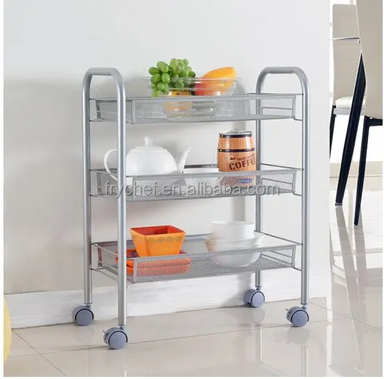 3-tier metal mesh rolling cart kitchen serving trolley storage cart, easy-moving wire mesh dinning service cart w/ wheel