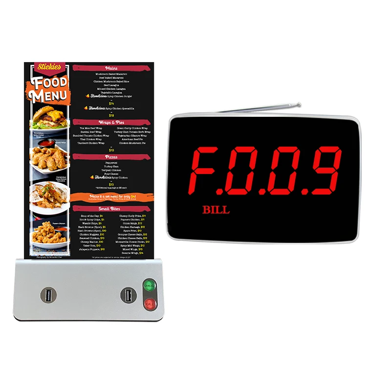 Artom restaurant paging system wireless with waiter call buttons and menu stand holder power bank