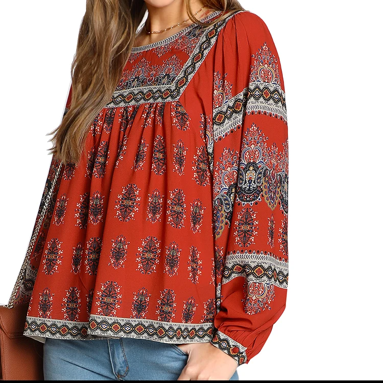 Multi Print Sheer Balloon Sleeve Fringe Strap Back Tie Peasant Blouse Women
