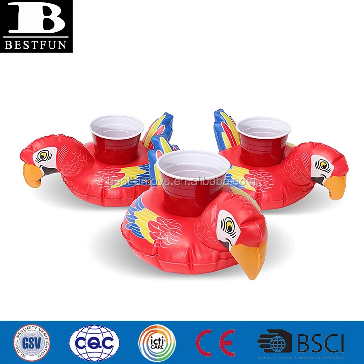 factory thick PVC party inflatable tropical parrot drink float durable plastic folding blow up bird cup holder floating