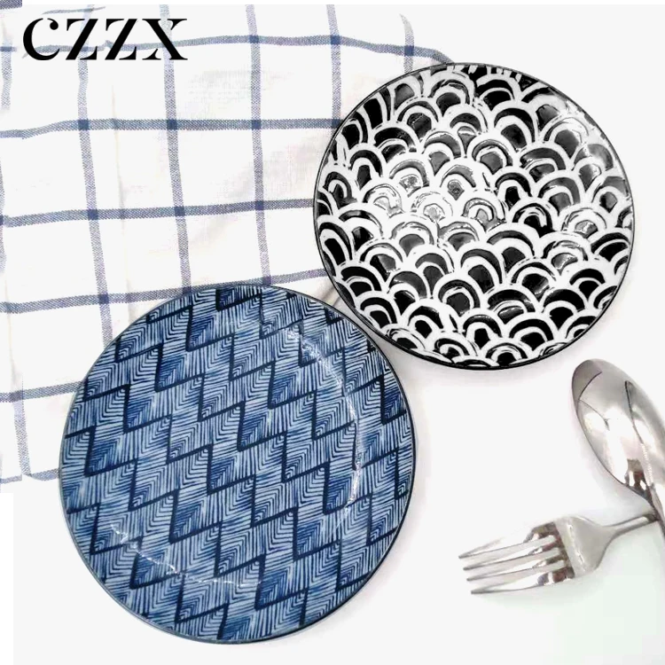 Japanese style daily creative tableware sushi salad dessert geometric pattern round ceramic plate for hotel home restaurant