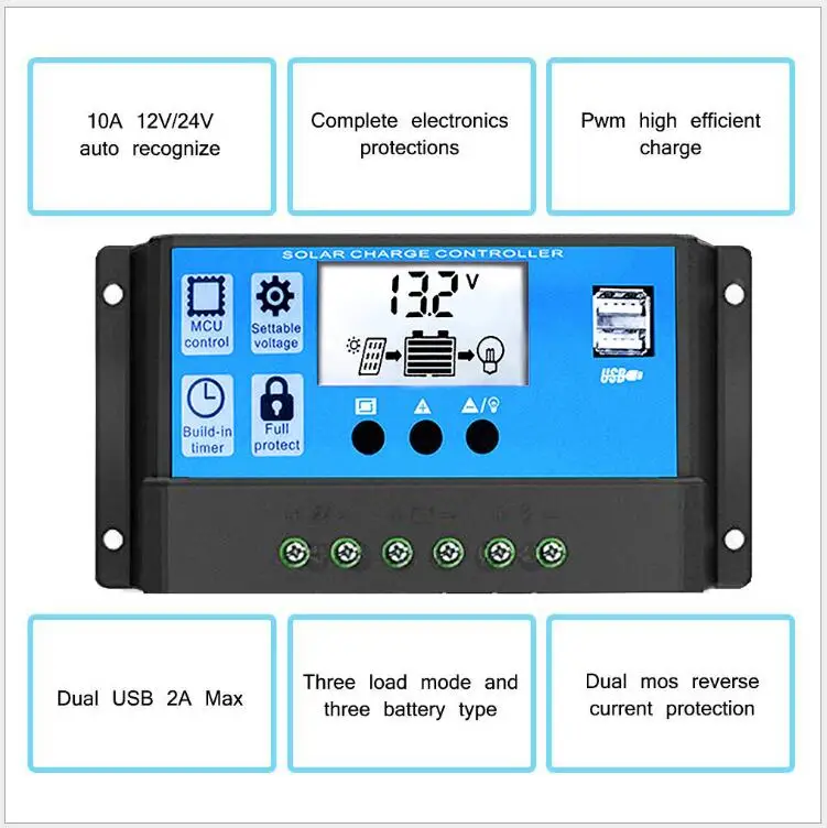 60A/50A/40A/30A/20A/10A 12V 24V Auto Solar Charge Controller PWM With LCD Dual USB 5V Output Solar Cell Panel Regulator PV Home