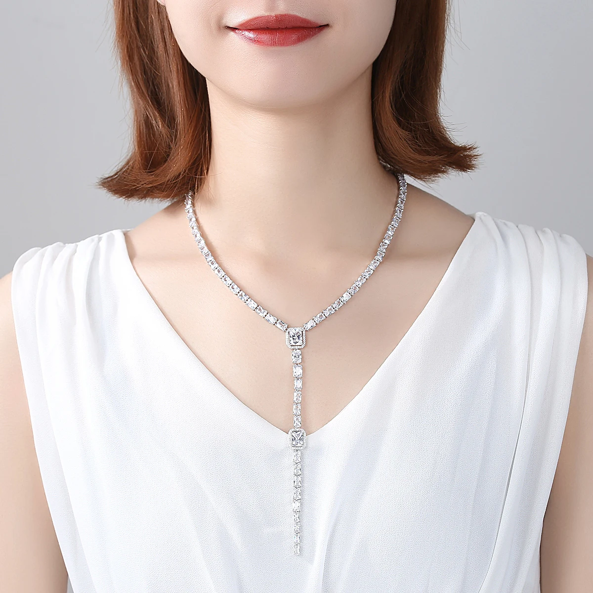 LUOTEEMI Big CZ Women Long Chain Necklace Luxury Wedding Party Jewelry for Bridals