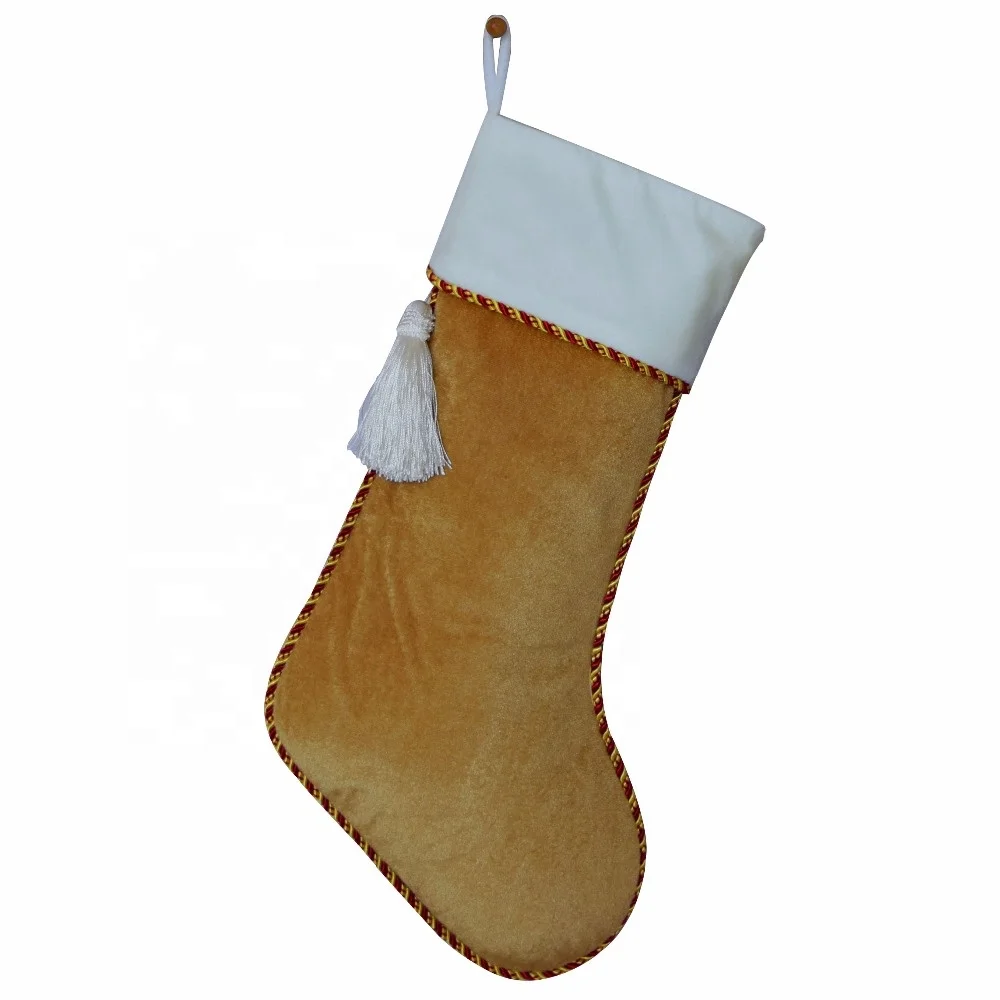 2 Colors Gold and Cream Velvet Christmas Stocking with Tassel Decoration
