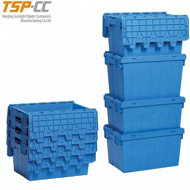 Heavy-duty blue lidded Plastic Container attached lid crate