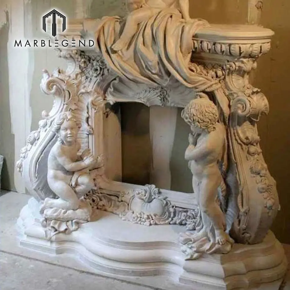 classical household white marble angel statue fireplace mantel with cherub statue