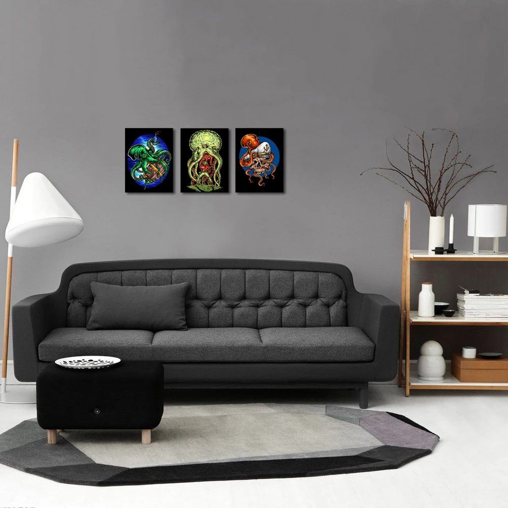 Octopus Tentacles Cool Posters Canvas Prints Beer Barrel Bottle in The Deep Blue Sea Boys Room Decor (12x16inchx3P