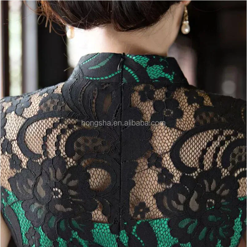 Women Plus Size Qipao Black Floral Lace Green Lined Short Mandarin Collar Dress Below Knee Sheath Dress HSQ9300