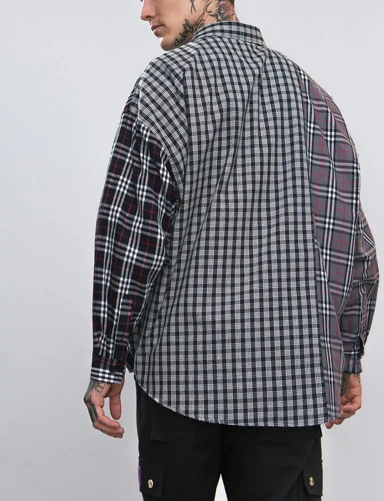 Chic streetwear three styles cut and sew checked shirt men Oversized curved hem button up shirts