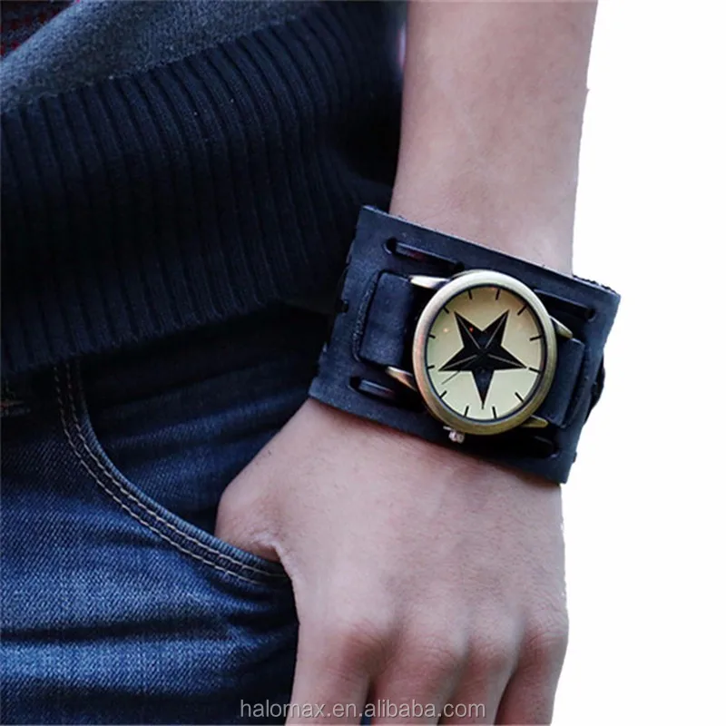 
2017 Fashion New Style Retro Punk Rock Brown Big Wide pu Leather Bracelet Cuff Men Watch 