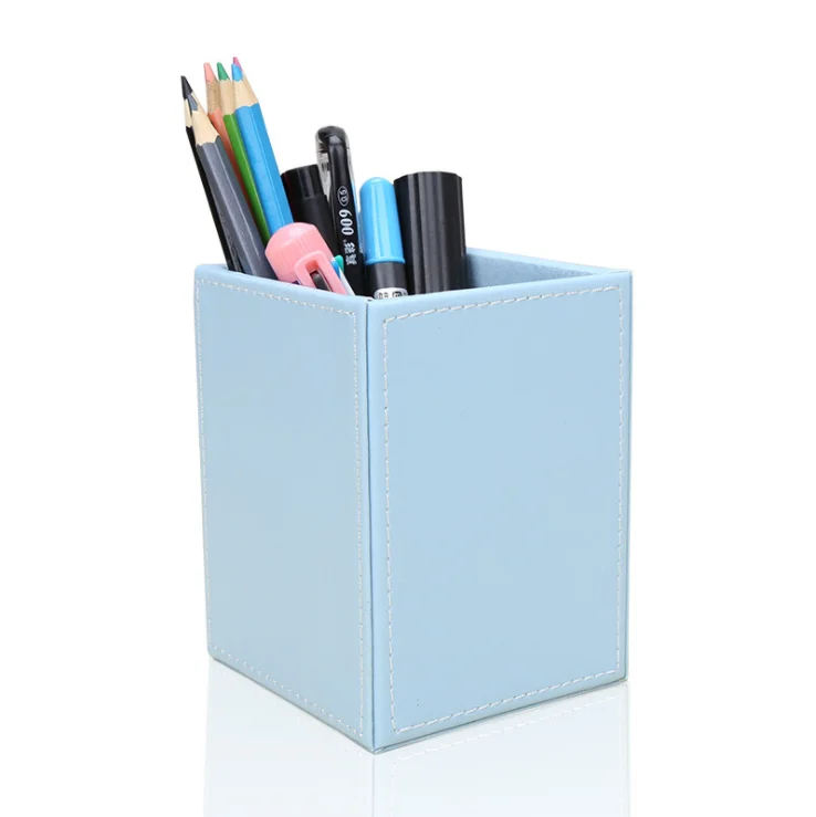 
PU Leather Square Pens Pencils Holder Cup Desktop Stationery Organizer Case Office Accessories Container Box 