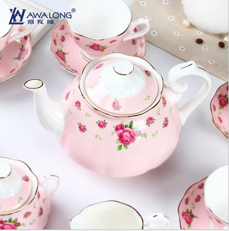 Grace tea sets with pink flower pattern Custom tea set/ Royal Style 15pcs coffee sets
