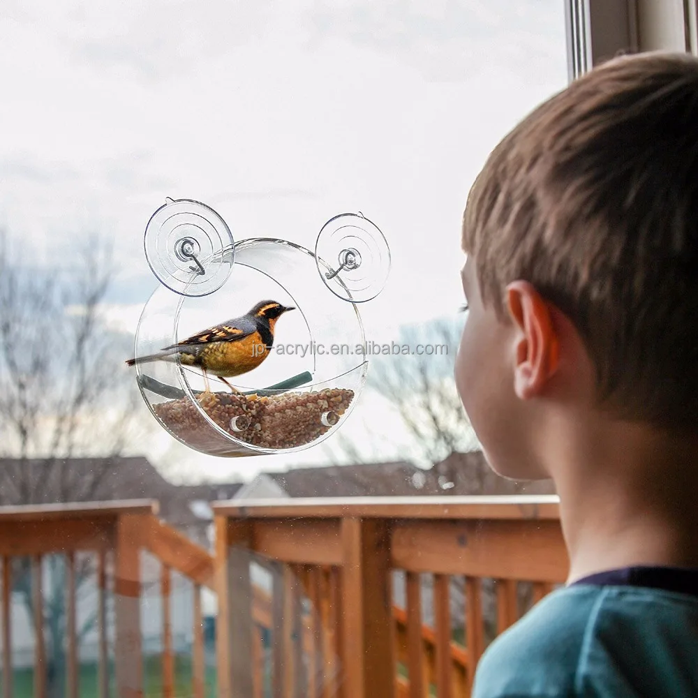 
Customized window transparent acrylic round bird feeder with 2 powerful suction 