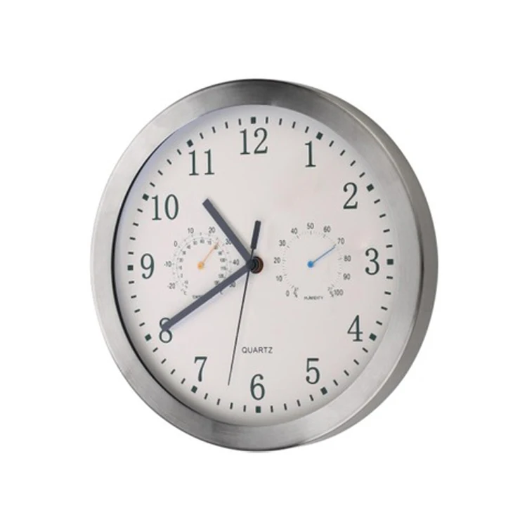 Stainless Steel Indoor Outdoor Explosion Proof Custom Metal Themes Time Wall Clock Thermometer Hygrometer