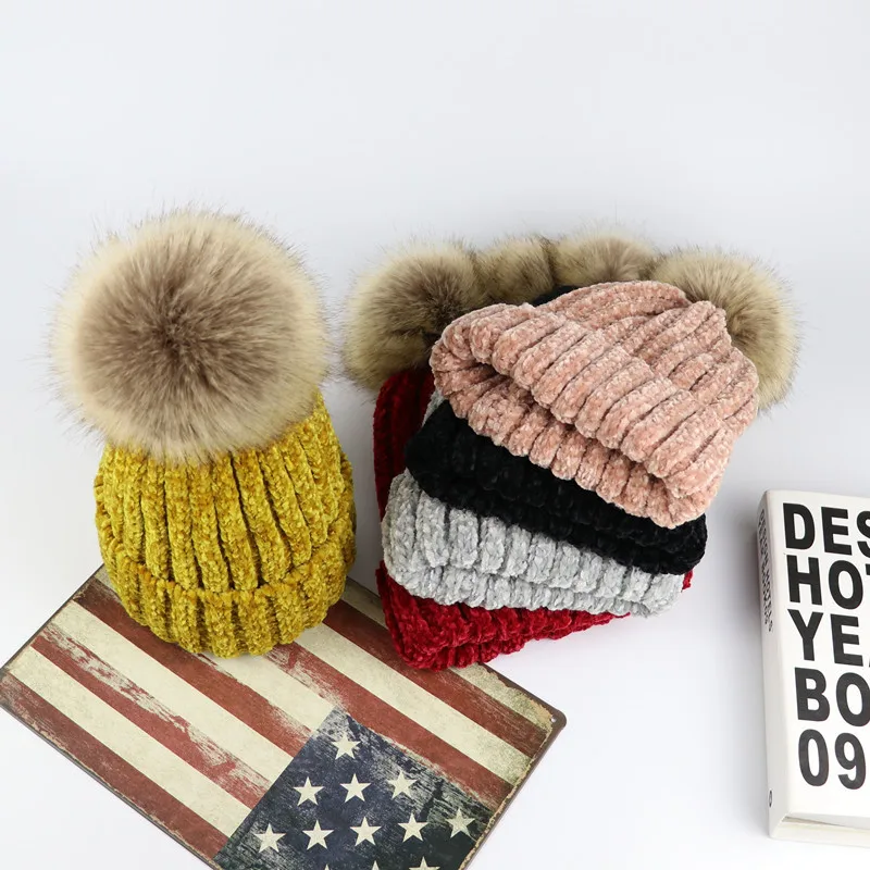 Winter design  faux fur pom pom  beanies chenille knitted hat