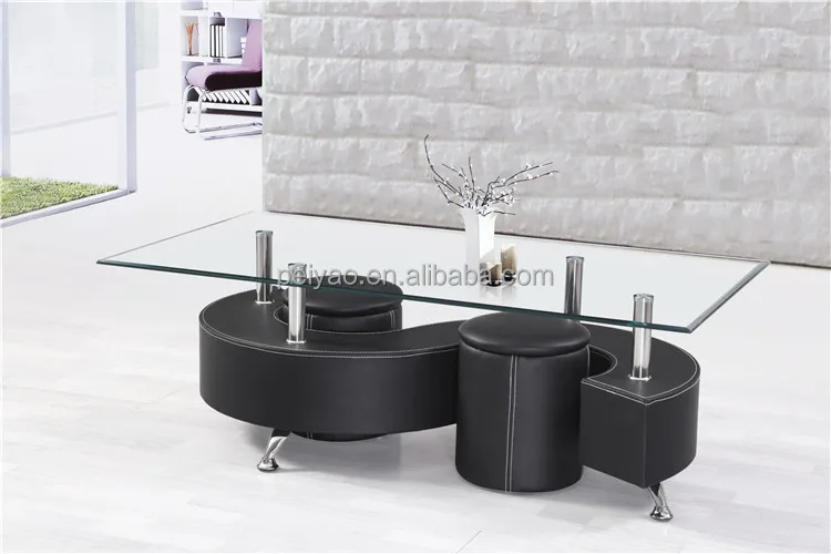 Wholesale black leather s shape glass coffee table with 2 stools