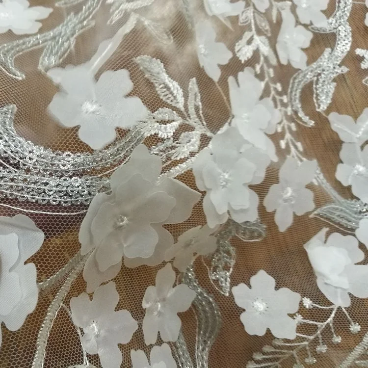 Wholesale White Double Layer 3D Flower Fancy Embroidery Lace Fabric Embroidery Textile For Wedding Dress