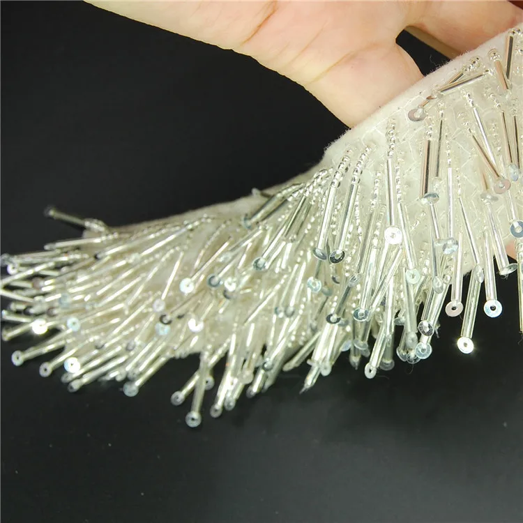 Wholesale Fancy tinsel handmade carpet chainette embroidered bugle sequin beads silver fringe