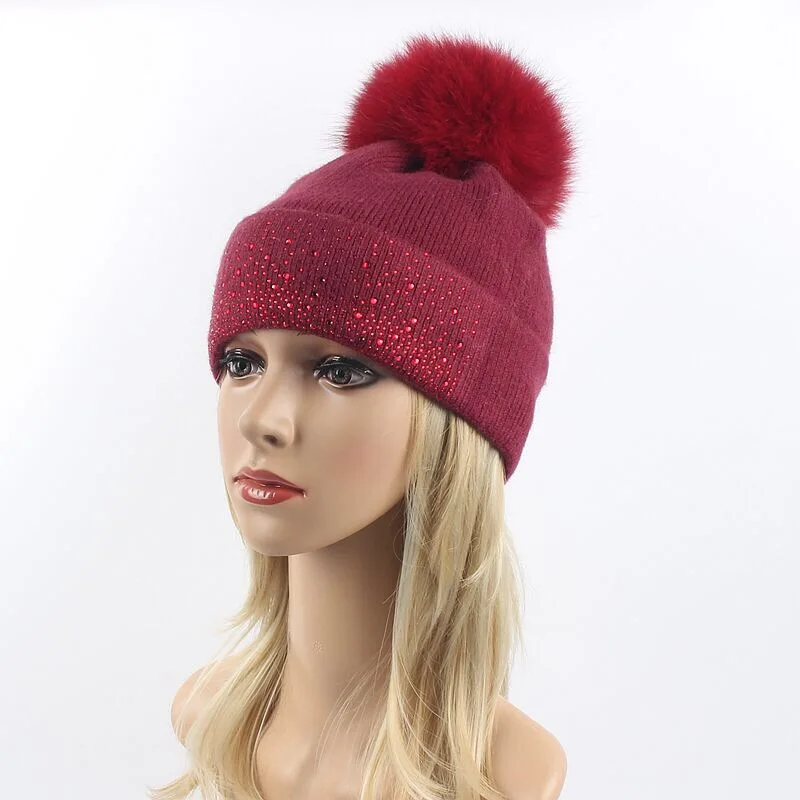 Fashion Knitted Rhinestones Beanie Hat For Women Soft Winter Bling Beanie Hat