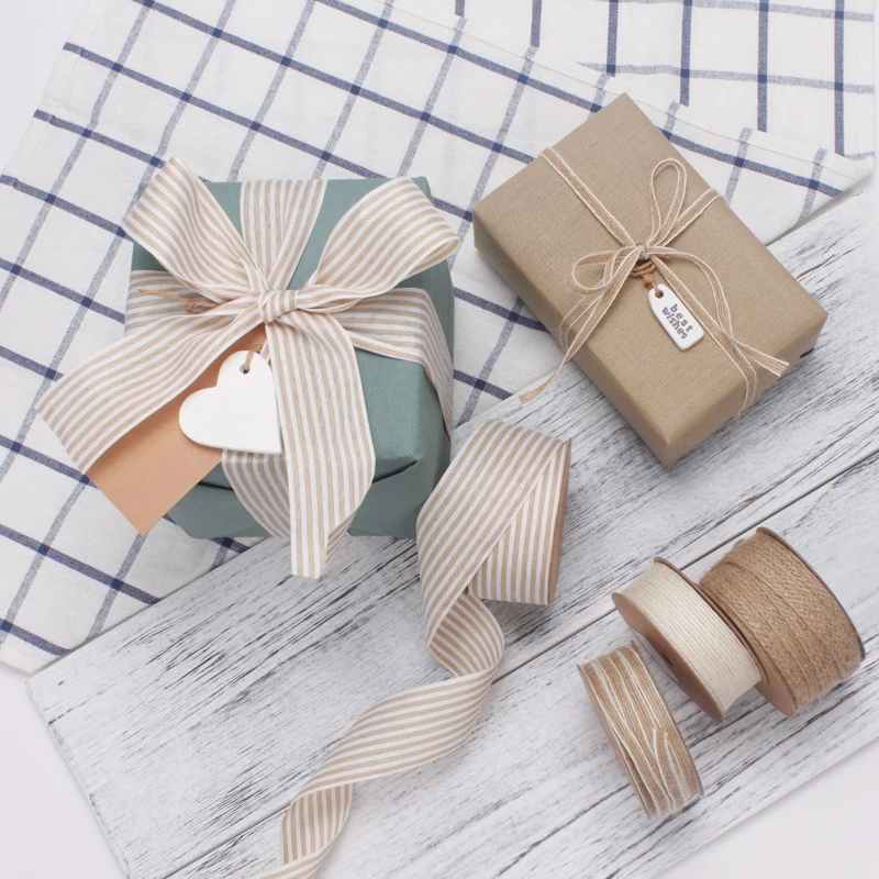 
High Quality Stripe Cotton Burlap Ribbon Roll Hemp Natural Jute Ribbon 