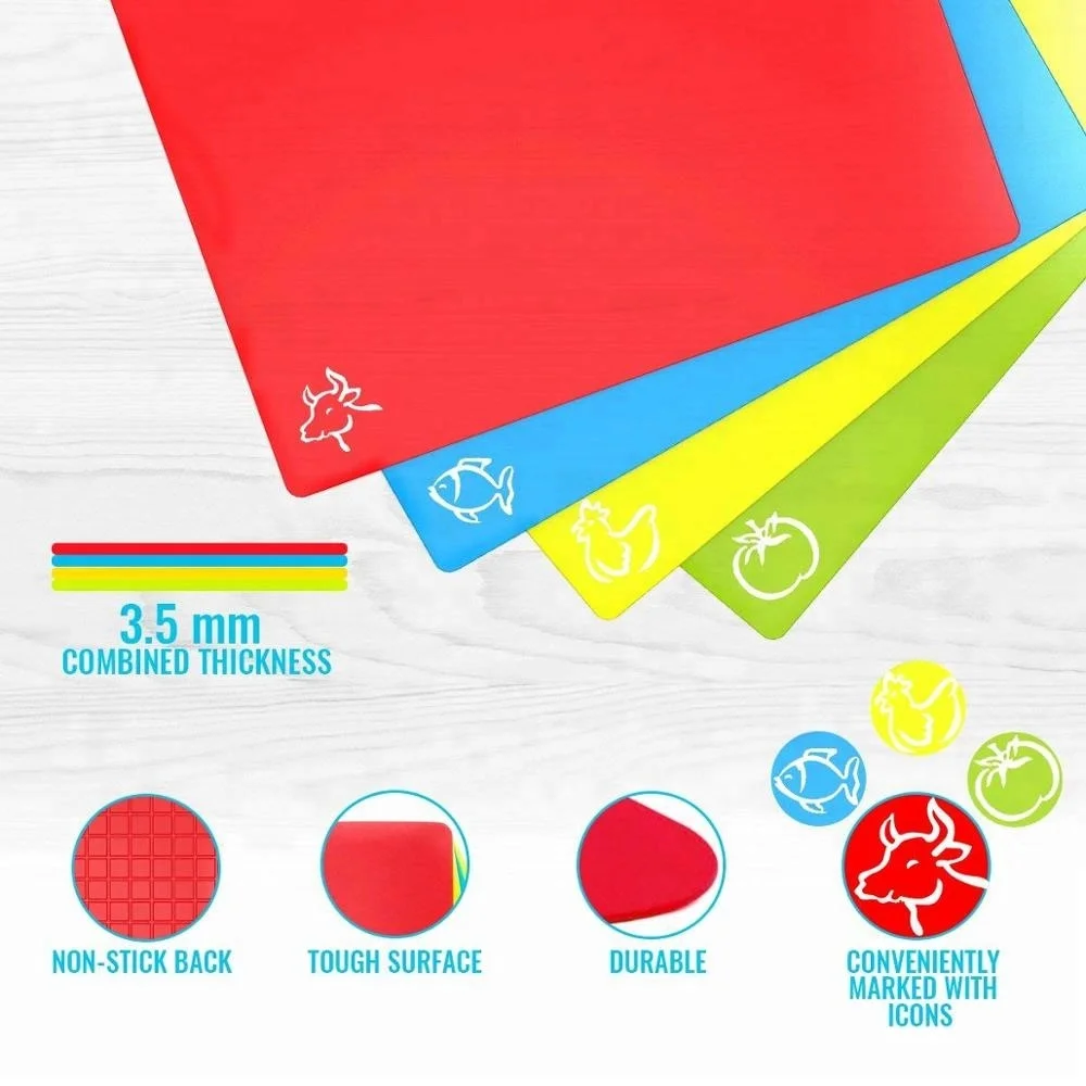 
Plastic Cutting Mat Set - Quality Thin Cutting Boards 4 Colors - Non-Toxic, Flexible & Non-Slip - Perfect for Chopping Vegetable 
