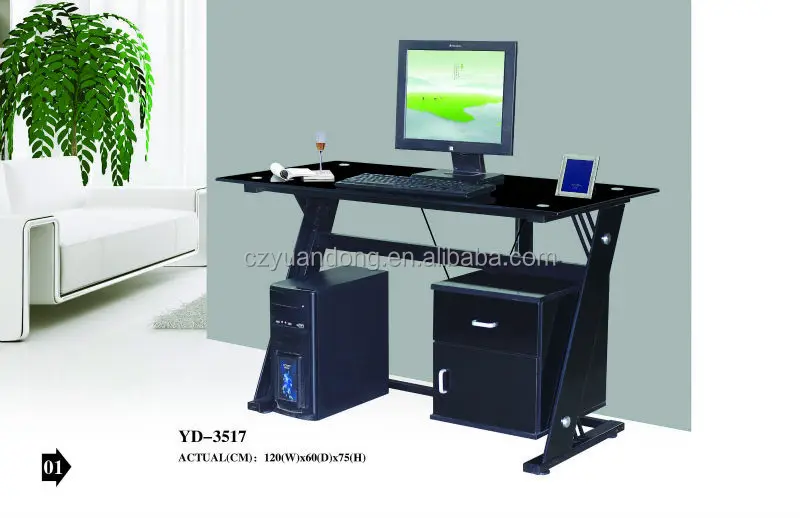 tempered glass desktop computer desk with cabinet and drawer