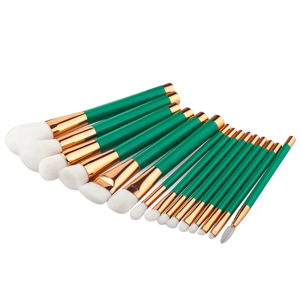 
15 pcs green wood handle soft nylon hair face powder makeup brush set 