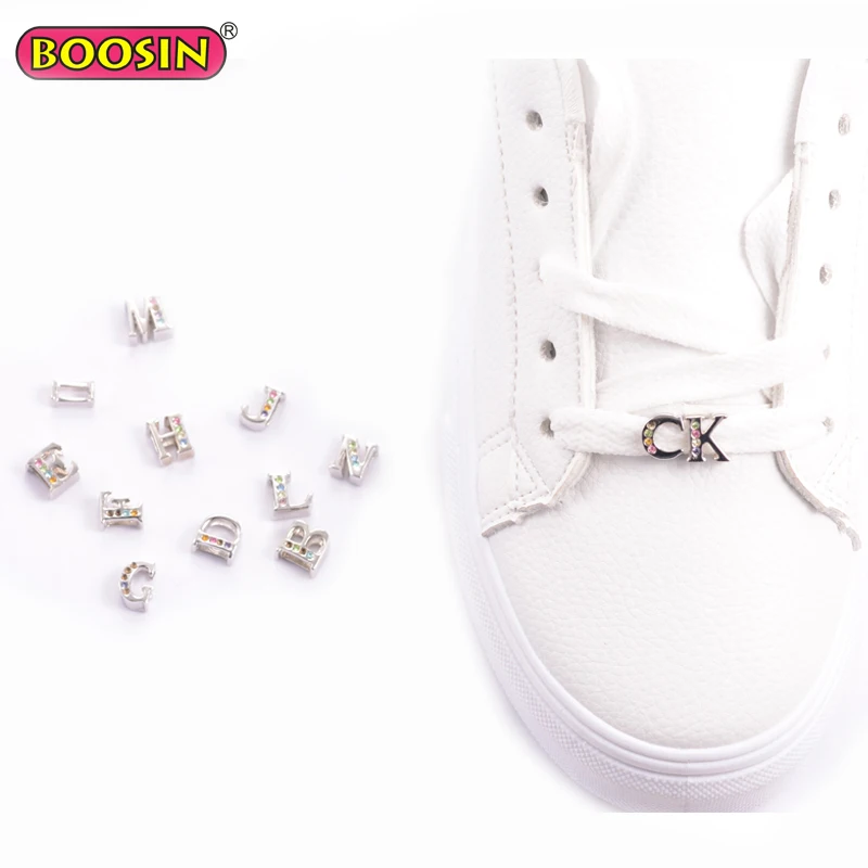 Factory supply slide charms metal alphabet letter shoe buckle silver shoelace decoration