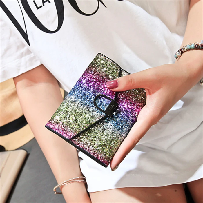 Wholesale korean fashion small short design girls women bling sequins glitter wallets for lady