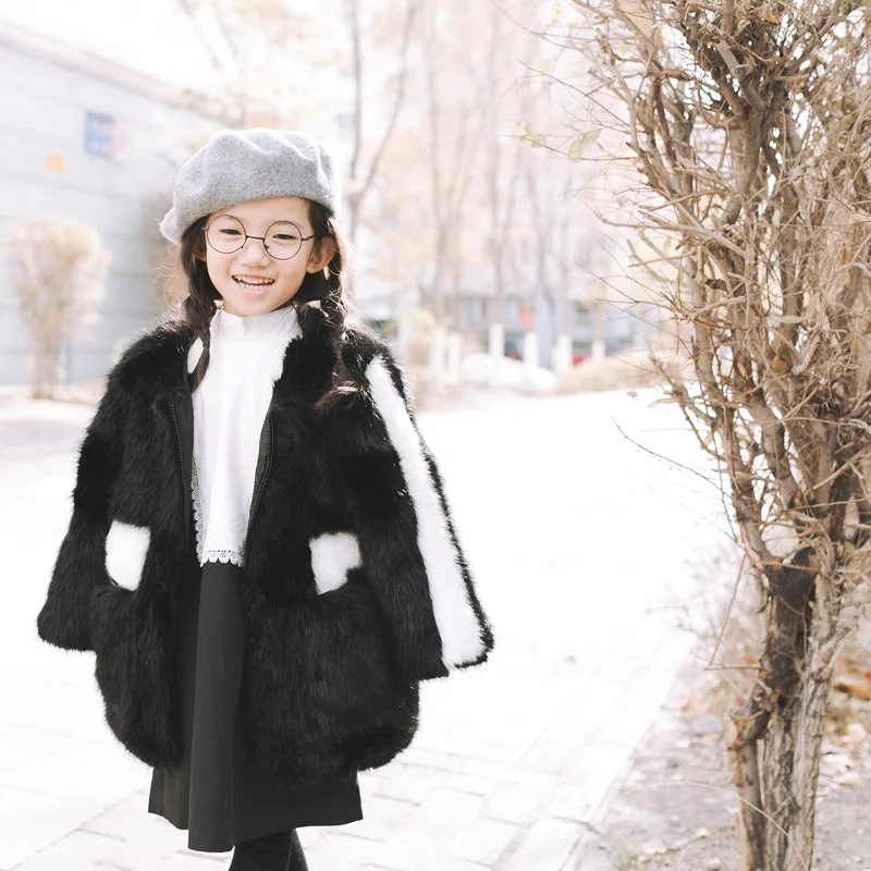 Hooded Faux Mink  Fur Girl Children Kids Winter Trench Coat With Solid Color High Quality