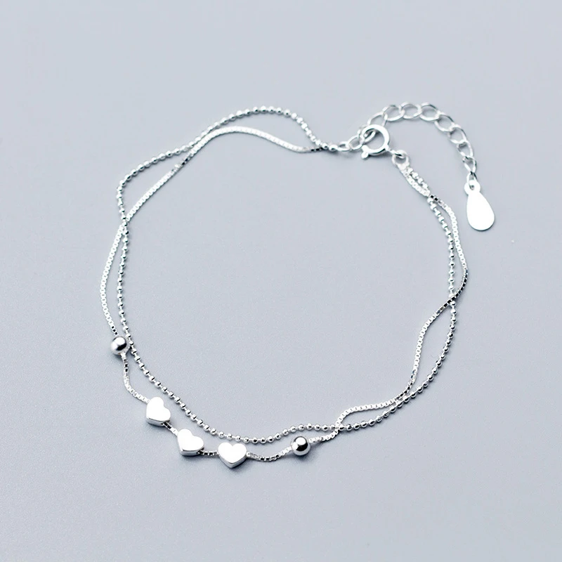 New Style 925 Silver Hand Catenary for Women Simple Fashion Chic Heart Beads Double Layer Bracelets Jewelry