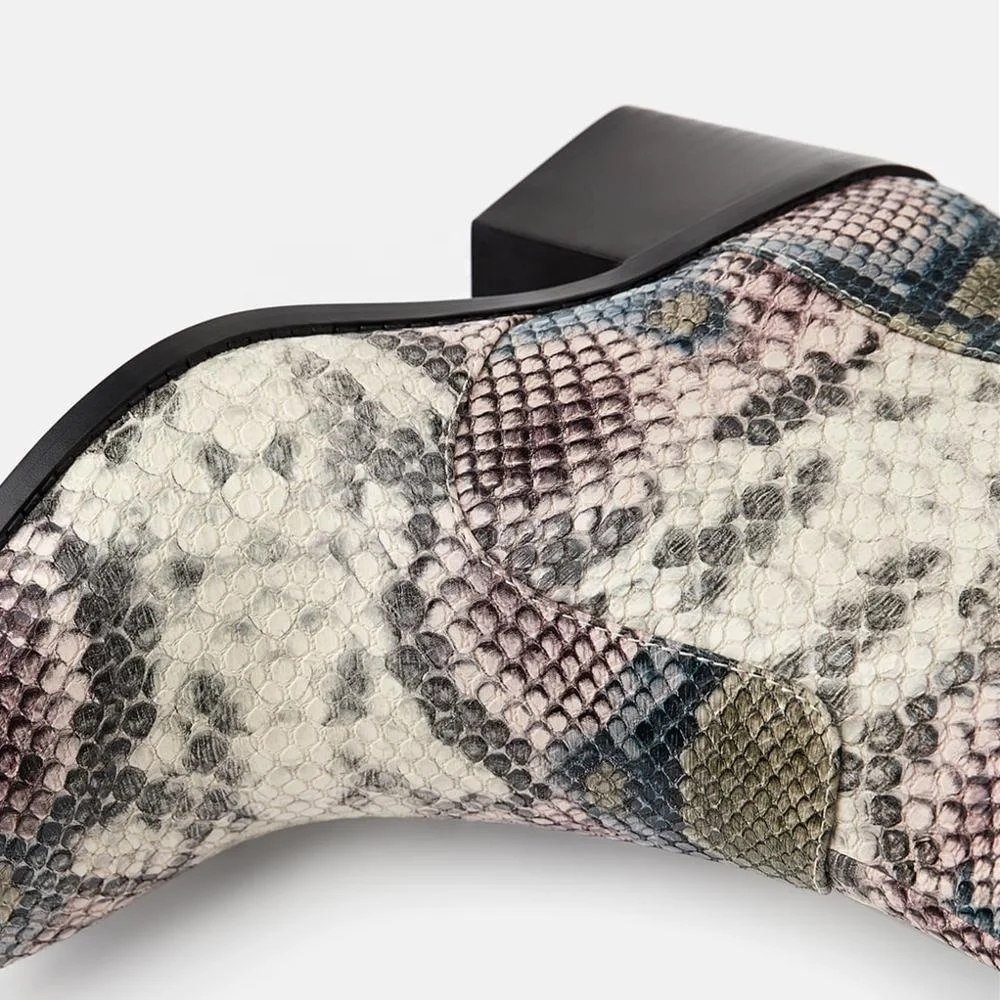 
MANRINO-0277 Girls 2019 Snake Skin Print Mixed Multi Color Cow Leather Material Women Low Heel Pointy Toe Ankle Boots For Lady 