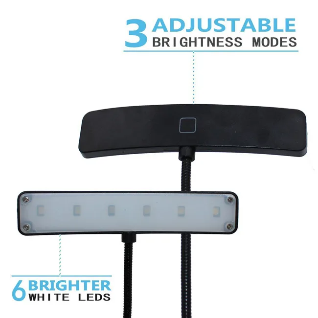 Rechargeable 6 SMD LED music stand light Flexible gooseneck Easy Clip On Read book Reading Lamp With 3 modes