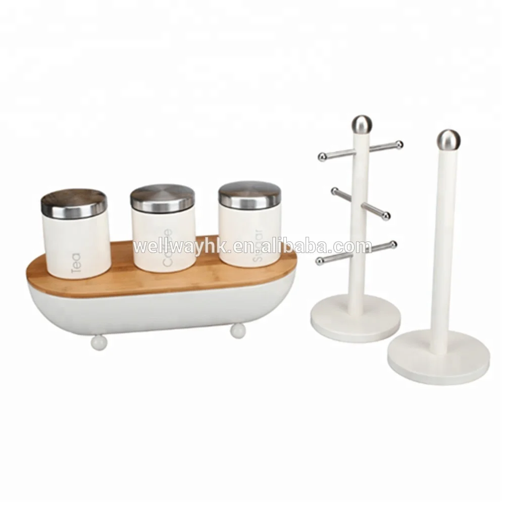 Metal bread bin biscuit tea coffee sugar canister and paper towel holder and mug tree set food storage set for sale