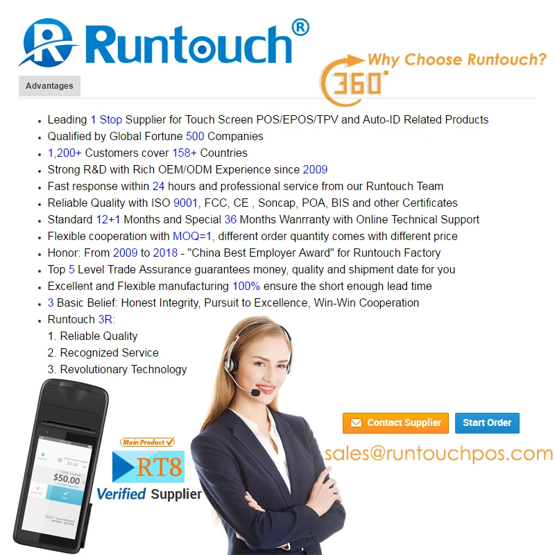Runtouch RT8 EFT-POS android wireless POS Terminal handheld card swipe machine with thermal printer